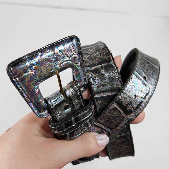 Sandy Duftler Multicolor Embossed Black Leather Belt Women's Large Statement - Picture 6 of 10